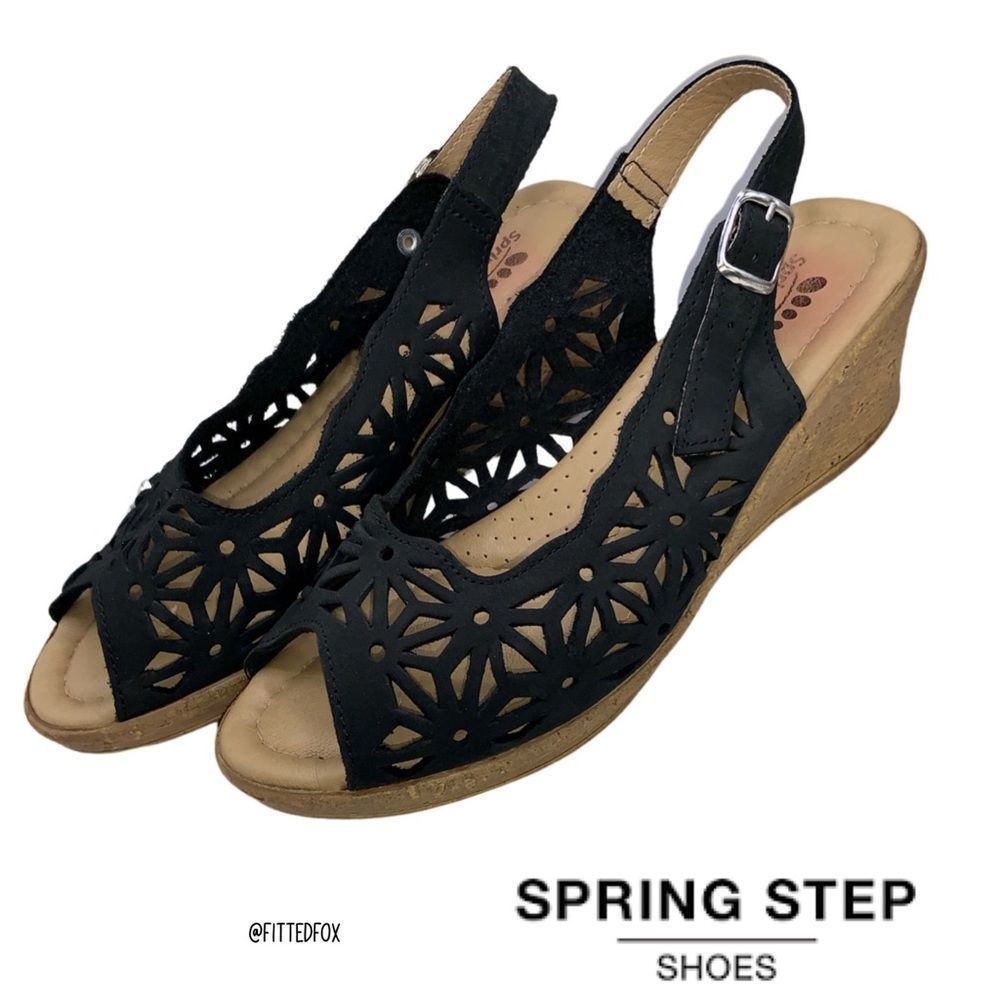 SPRING STEP WOMENS SLING BACK 1.75” WEDGE HEEL | SOFT LEATHER | BLACK | SZ 38